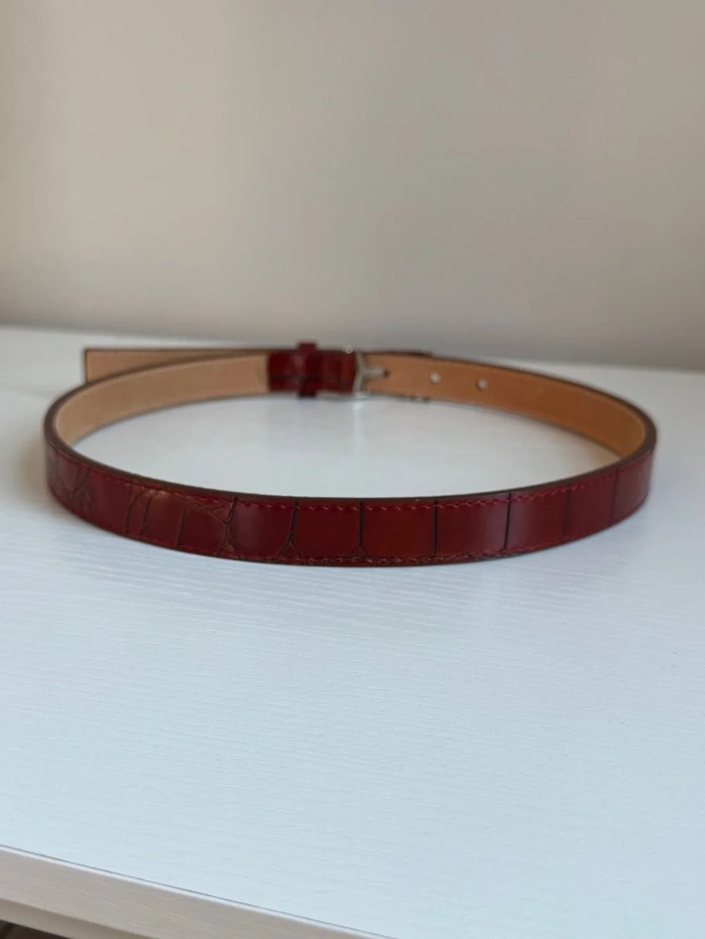 Vintage DKNY Embossed Red Calf Leather Belt Silver Buckle USA Ladies Small